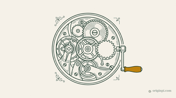 An engraved clock movement with one gear missing and an amber-handled hand crank fitted at its side, ready to take over, on parchment.