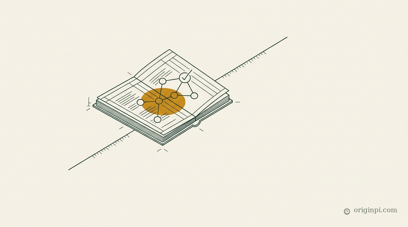 A single fine-lined emblem: an open ledger page whose lines resolve into a small node-and-edge graph, one node marked wi