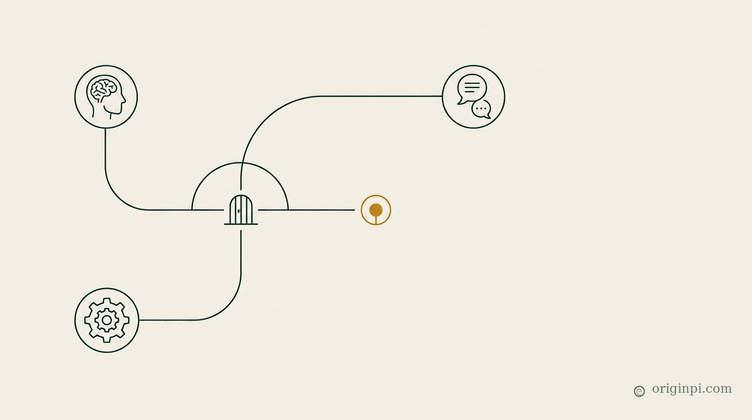 A single fine line drawn between two quiet nodes, one arc passing through a small gate at its midpoint, on pale paper.