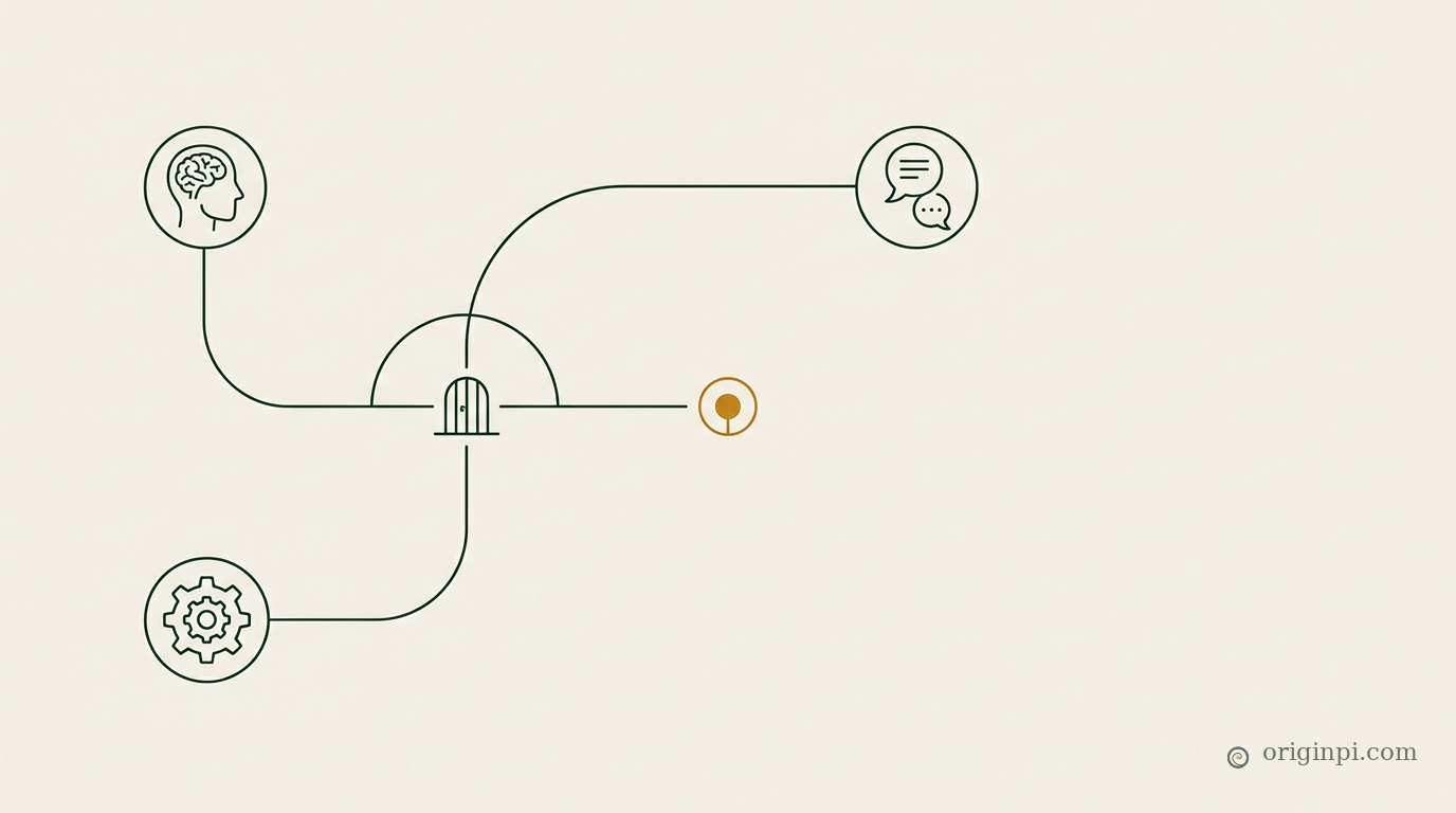 A single fine line drawn between two quiet nodes, one arc passing through a small gate at its midpoint, on pale paper.