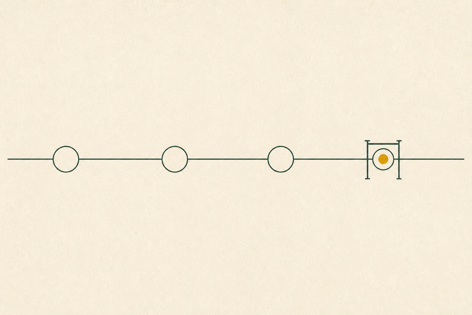 A single fine-lined amber compass needle resting inside a deep-green circular boundary, one small gate marked open along