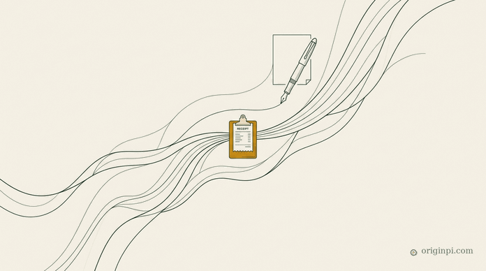 A fountain pen drawing flowing lines that pass through an amber clipboard holding a receipt, on parchment.