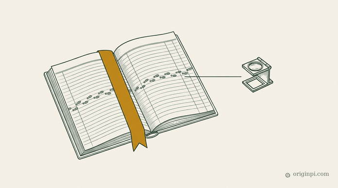 An open ruled ledger crossed by a trail of footprints, an amber bookmark ribbon at the key page, a small loupe beside it, on parchment.