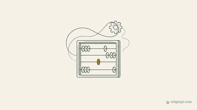 An engraved abacus with one amber bead, a fine thread looping once around a small gear above it, on parchment.