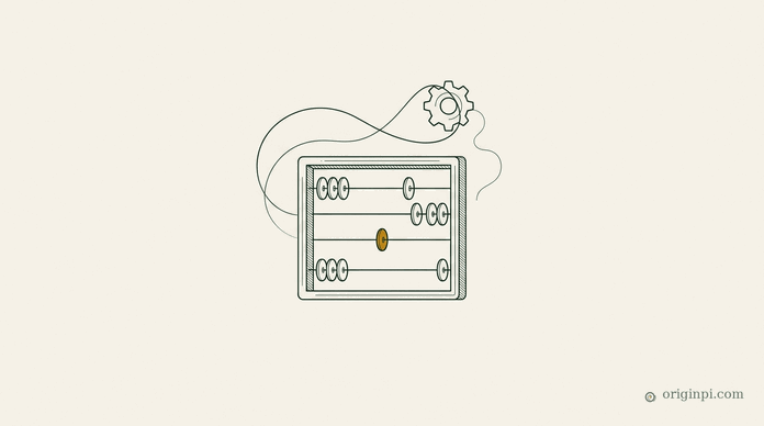 An engraved abacus with one amber bead, a fine thread looping once around a small gear above it, on parchment.
