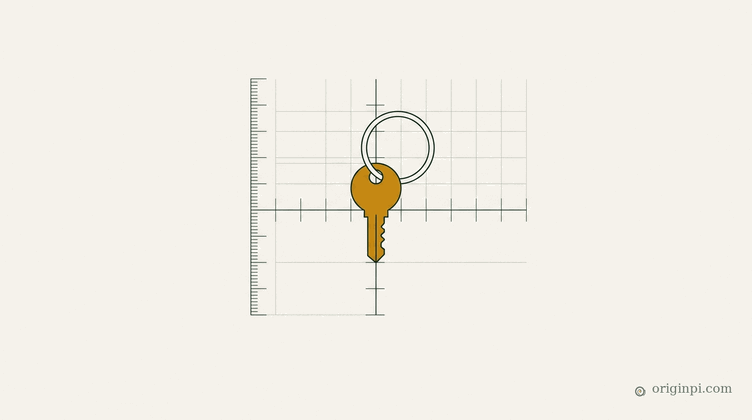 A single amber key on a slim ring set against a fine measured grid, on parchment.