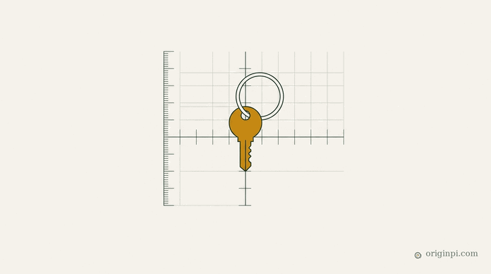 A single amber key on a slim ring set against a fine measured grid, on parchment.