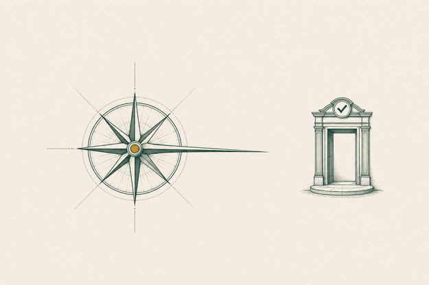 A single fine-lined emblem: a compass rose whose needle points toward a small storefront doorway, the doorway framed by
