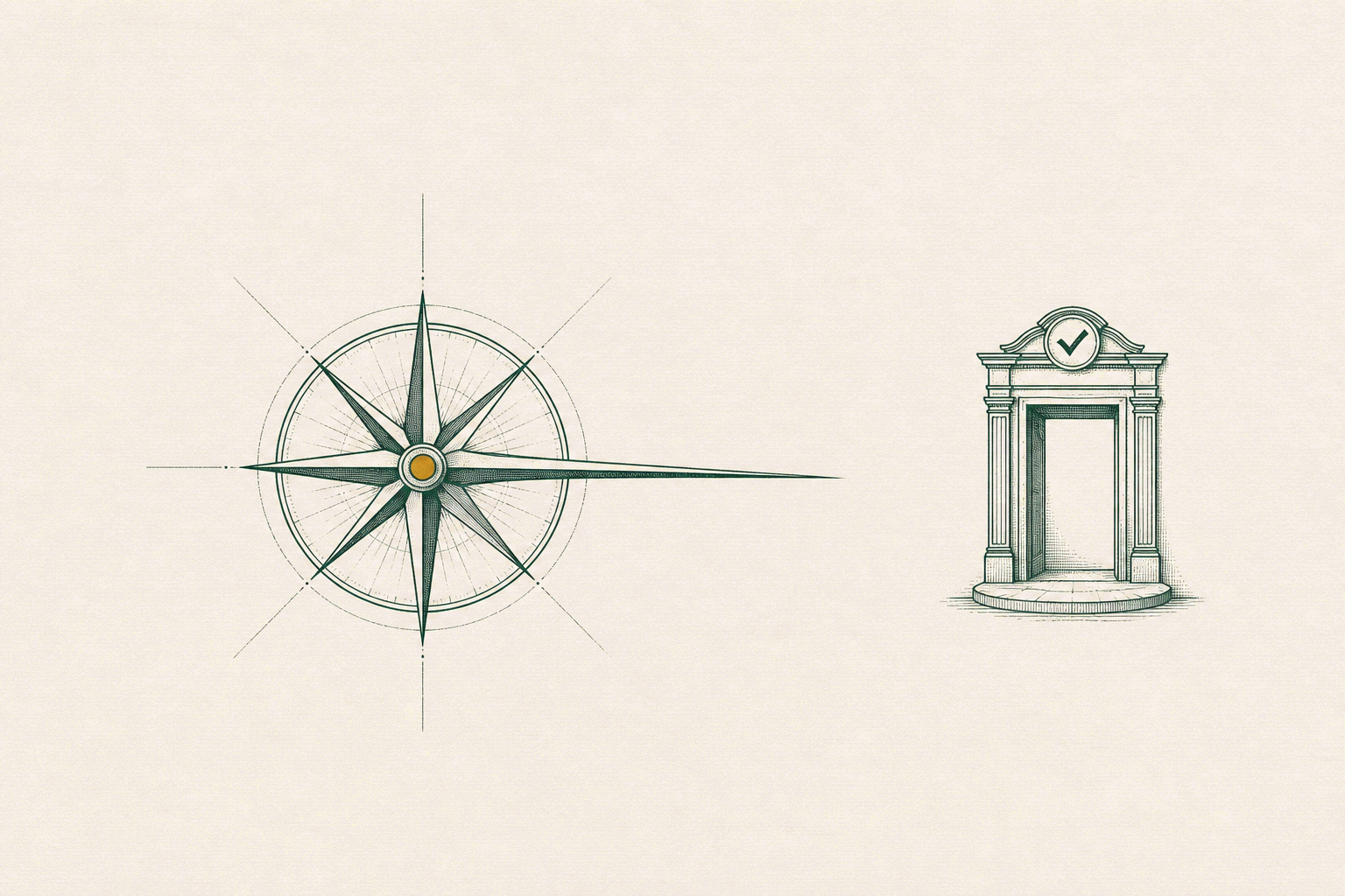 A single fine-lined emblem: a compass rose whose needle points toward a small storefront doorway, the doorway framed by 
