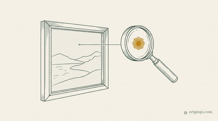 A framed landscape canvas with a magnifying lens revealing a hidden amber mark woven into the paper, on parchment.
