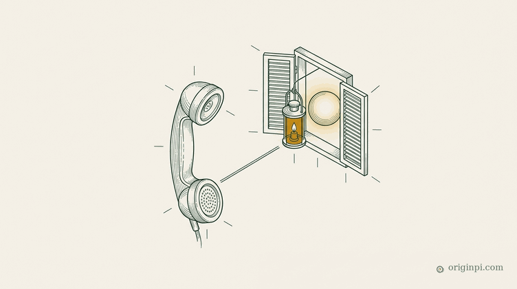A vintage telephone receiver linked to an open shuttered window where an amber lantern lights a calm agent orb, on parch