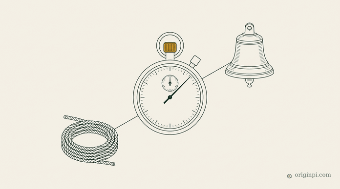 A stopwatch with an amber crown linked to a ship's bell and a coiled rope ready for use, on parchment.