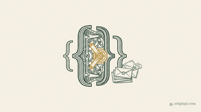 Engraved code braces enclosing an amber gear mechanism, a small stack of envelopes with address tags spilling beside them, on parchment.