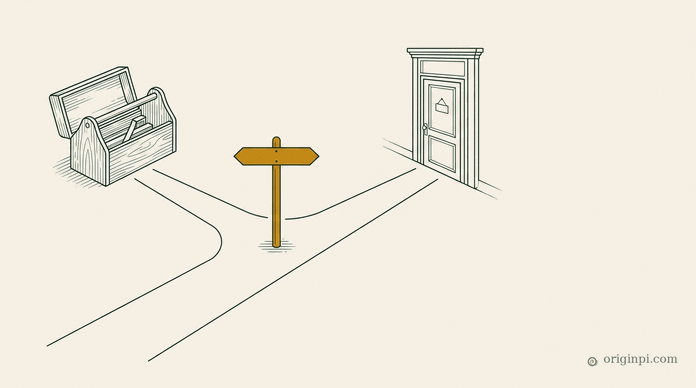 An open carpenter's toolbox and a shopfront doorway on either side of a forking path, an amber signpost at the fork, on parchment.