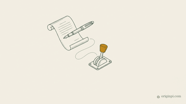 A contract scroll with a fountain pen across it, linked to a small emergency stop lever with an amber knob, on parchment