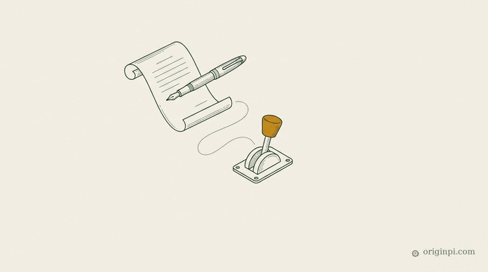 A contract scroll with a fountain pen across it, linked to a small emergency stop lever with an amber knob, on parchment.