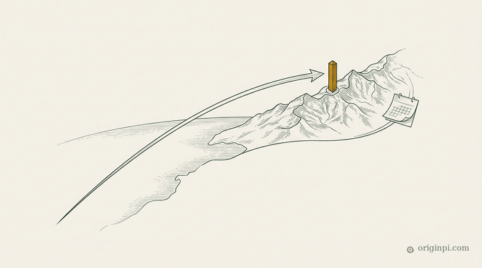 A long arrow arcing across an ocean outline to an engraved mountain ridge marked by an amber post, a small calendar leaf nearby, on parchment.