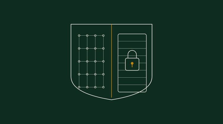 Minimal emblem of a shield split down the middle: one half an open lattice of fine nodes, the other a solid locked panel