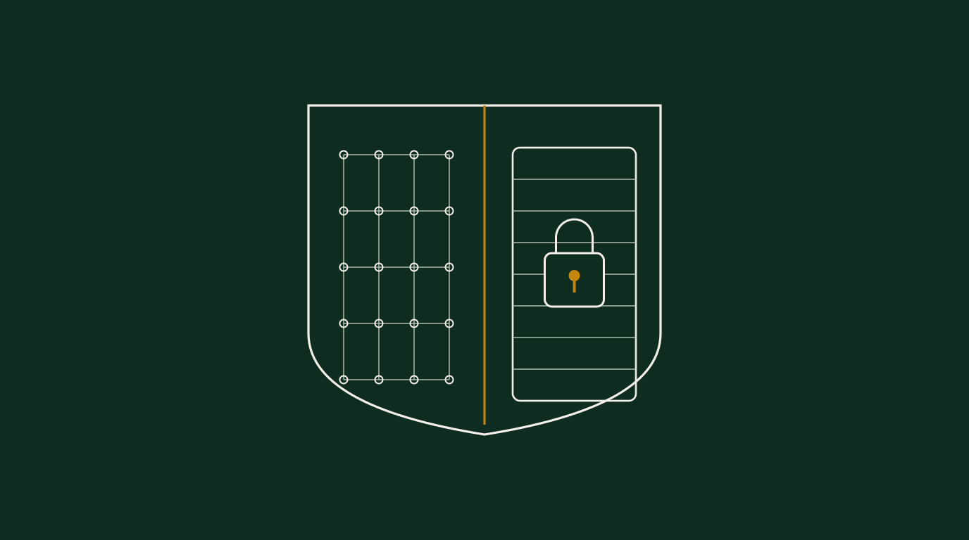 Minimal emblem of a shield split down the middle: one half an open lattice of fine nodes, the other a solid locked panel