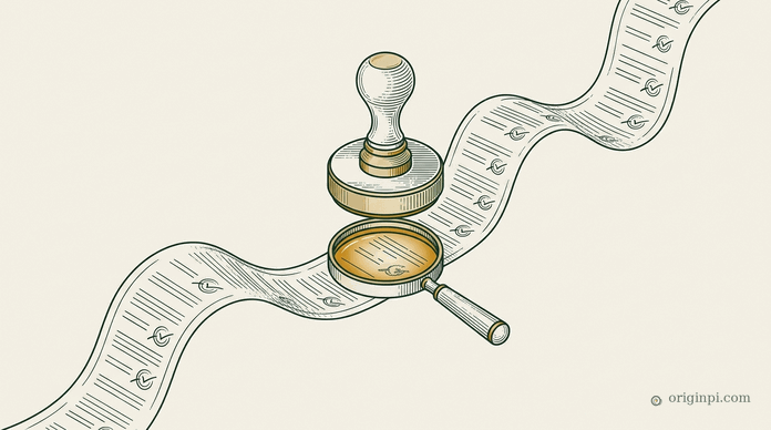 A wooden rubber stamp above a long ribbon of identical ticked papers, an amber magnifying lens on the one that differs, on parchment.