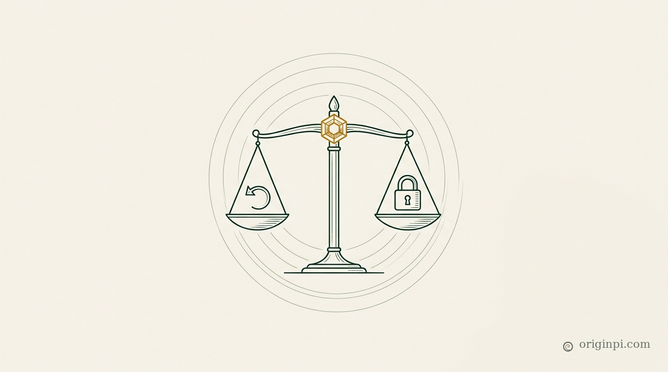A delicate deep-green and parchment emblem: a slender balance scale whose two pans hold a small undo-arrow and a lock, framed by four faint tier rings, uncluttered and elegant.