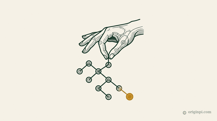 A delicate deep-green and parchment emblem: a single human hand poised above a branching chain of six small nodes, the f
