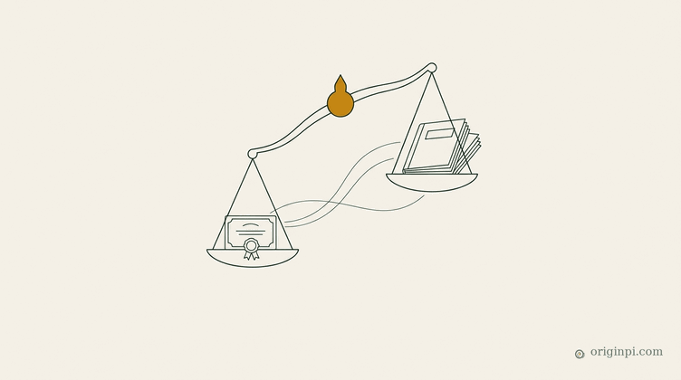 A classical balance with a certificate on one pan and a stack of workbooks on the other, an amber pivot at the top, on p