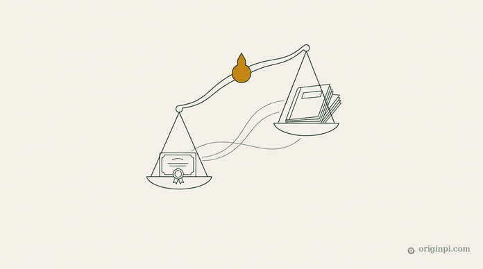 A classical balance with a certificate on one pan and a stack of workbooks on the other, an amber pivot at the top, on parchment.