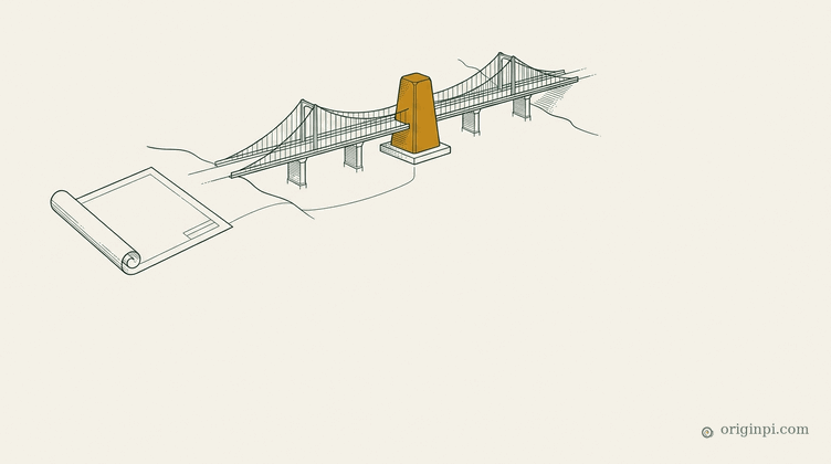A fine suspension bridge between two shores, an unrolled draft plan on one bank and an amber marker stone at the bridge,