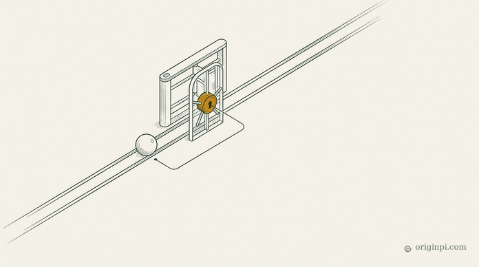 A fine-lined turnstile gate on a straight track, an agent orb paused before it, an amber lock at the gate's hub, on parchment.