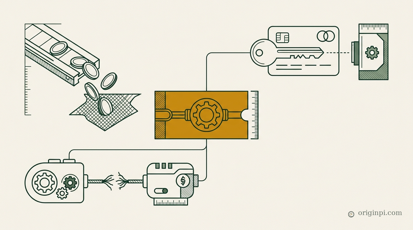 Deep-green and parchment mathematical-line illustration showing two connected nodes labeled agent and business joined by a solid MCP line, with a deliberate gap before a separate dashed money line branching into competing payment protocol paths, each gated by a small authorization seal.