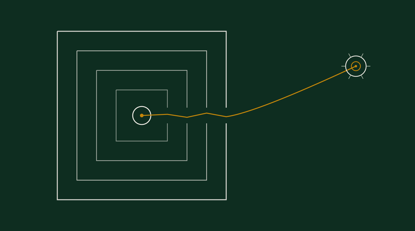 Delicate line emblem of nested deep-green rectangles with a single thin amber thread slipping through a gap and arcing t