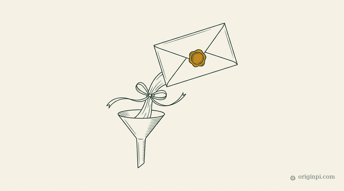 A sealed envelope with an amber wax seal feeding a ribbon-tied stream into a fine engraved funnel, on parchment.