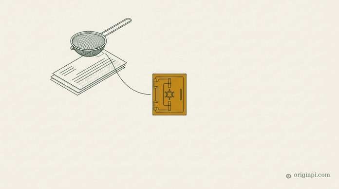 A stack of letters under a fine sieve that lets a hidden line of script pass, linked to a small amber vault door, on parchment.