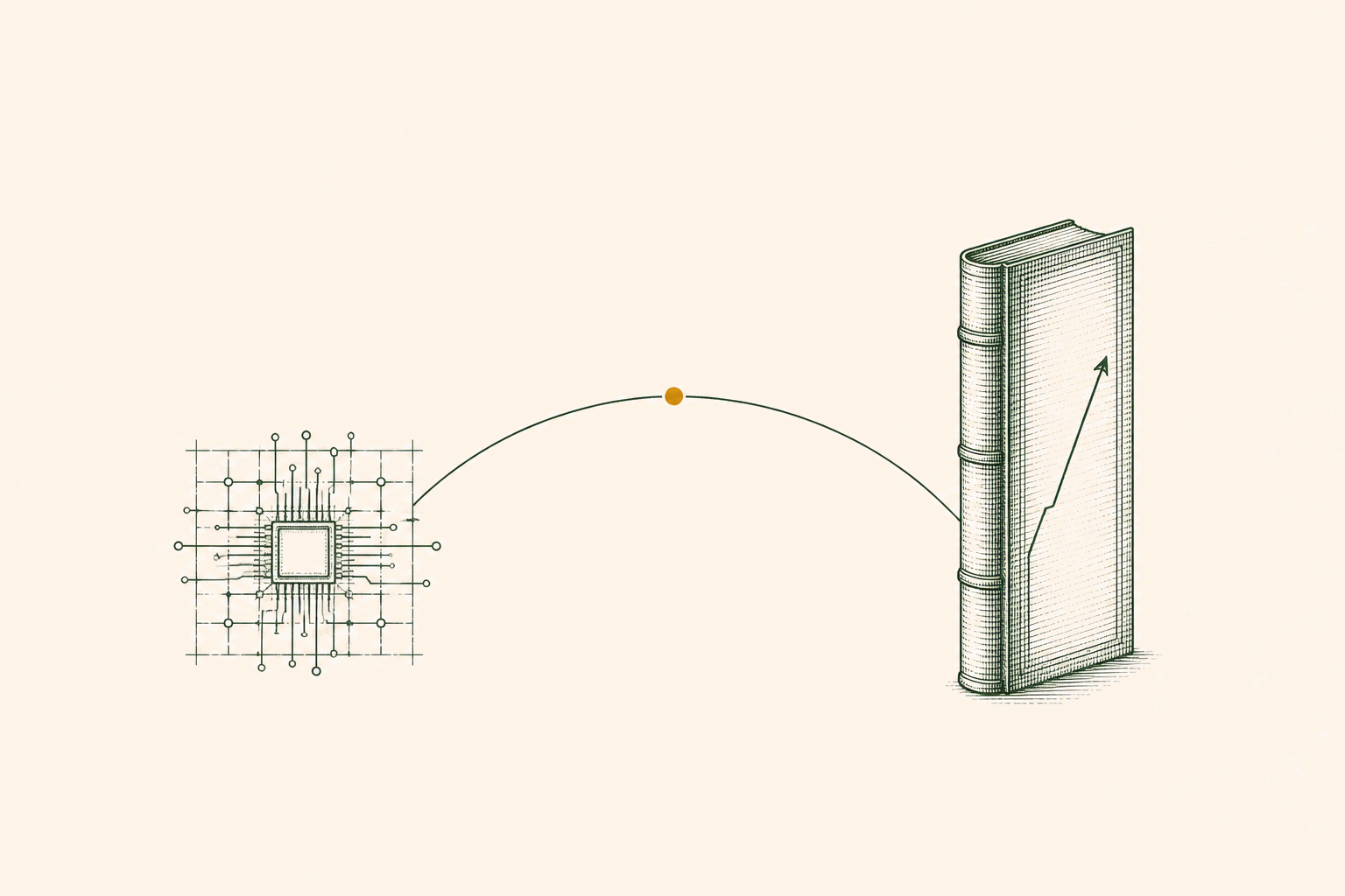 A delicate line-drawn emblem of a balance scale, one pan holding a small circuit node and the other a folded document, r