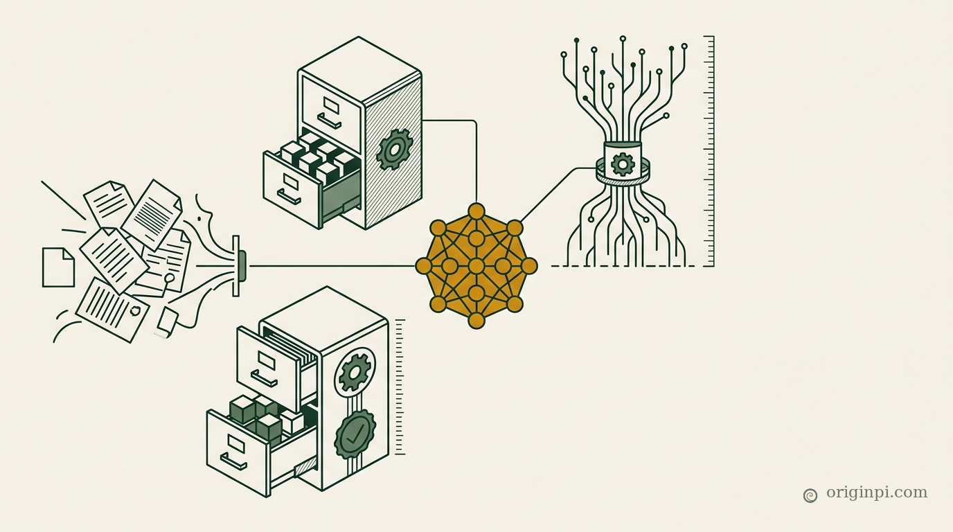 Deep green and parchment mathematical line illustration showing a business fact, a clock and a price tag, flowing through a typed schema node into an AI agent, with a feedback loop arrow signifying continuous sync between the visible page and the structured data.