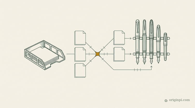 Fine-line drawing of an in-tray of papers routed through an amber junction to a rack of five fountain pens of different