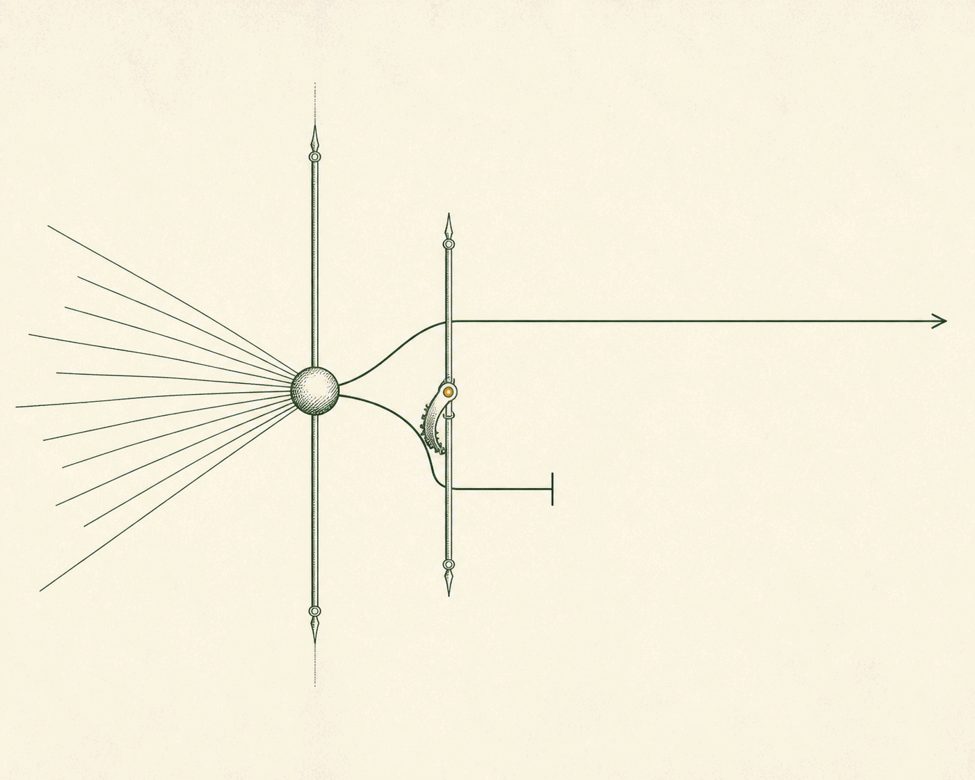 Deep-green and parchment mathematical-line emblem: a single fine 90-degree arc marked by four small nodes for success me